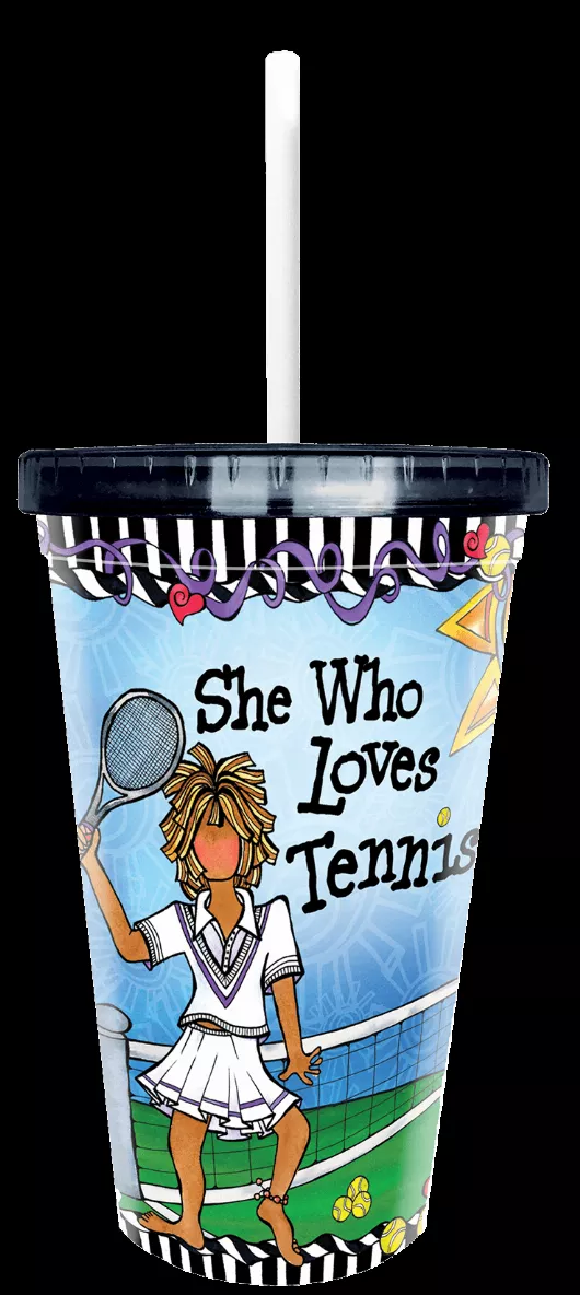 Tennis-themed plastic cup with clear lid, white straw, illustrated woman and text