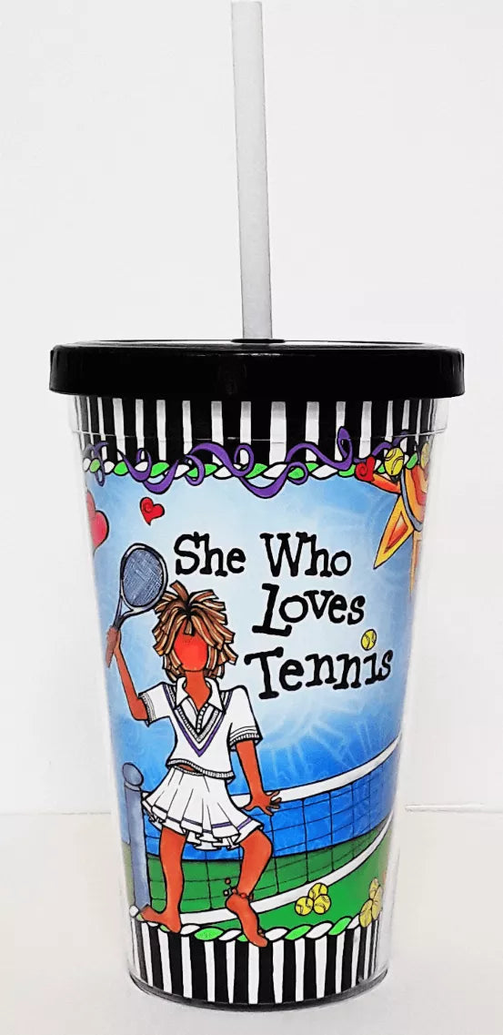 Tennis-themed plastic cup with black striped lid, white straw, “She Who Loves Tennis” art