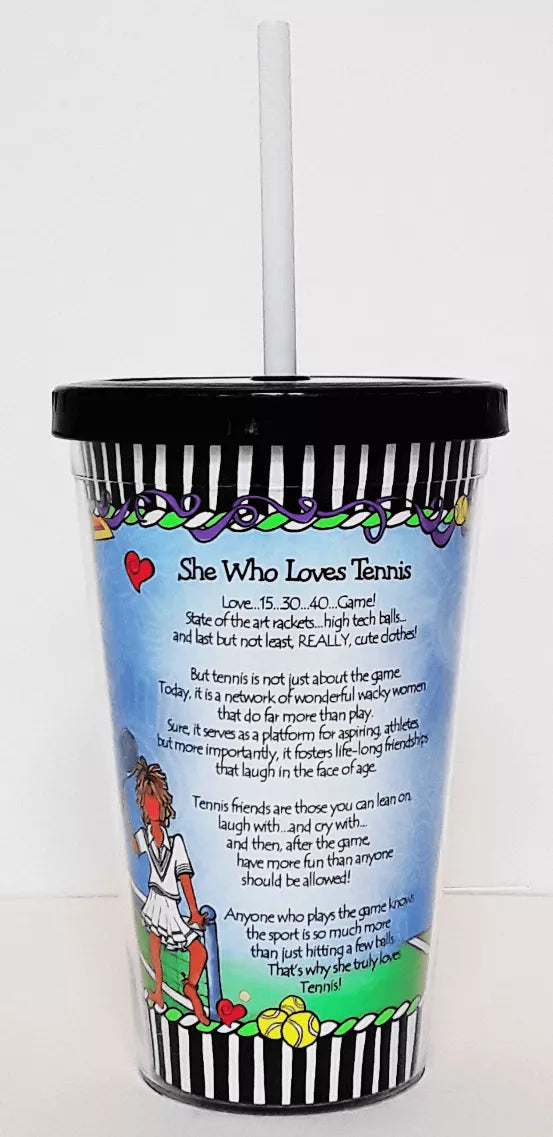 Tennis-themed plastic cup with black striped lid, white straw, front quote artwork