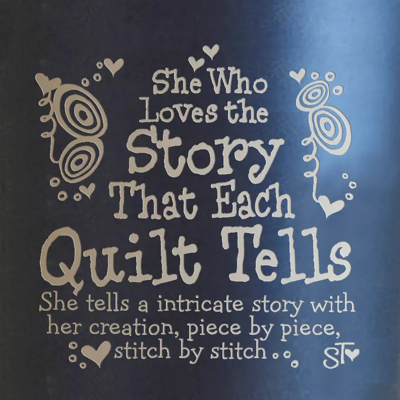 Quilt quote graphic on blue premium tumbler with hearts, swirls, and text