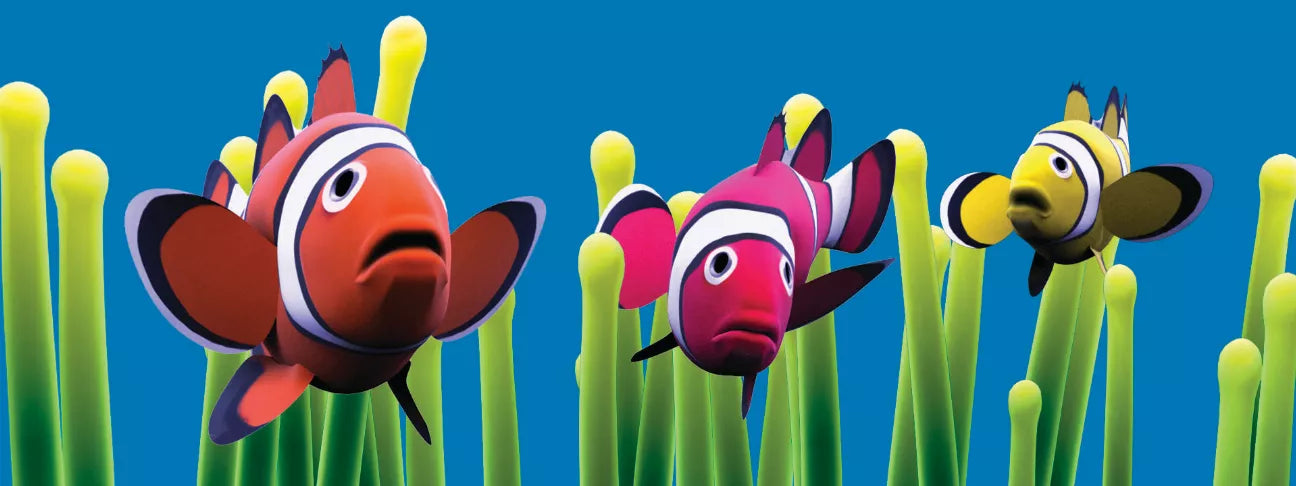 Colorful animal motion bookmark figures: clownfish, pink fish, and bee on green stems