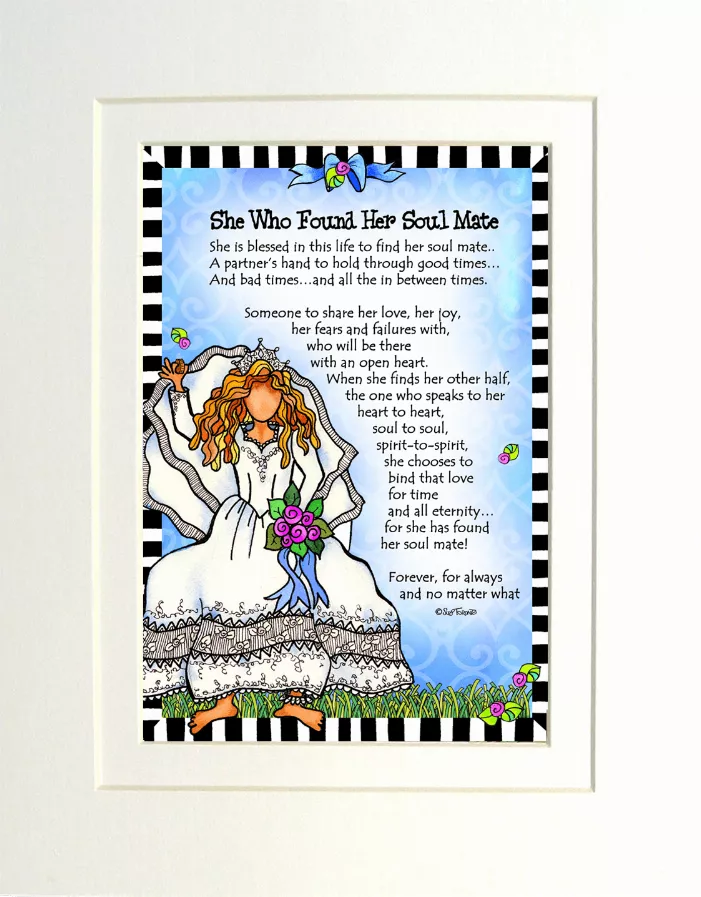 Relationship-themed Gifty art, framed poem illustration with curly-haired woman holding purple flowers