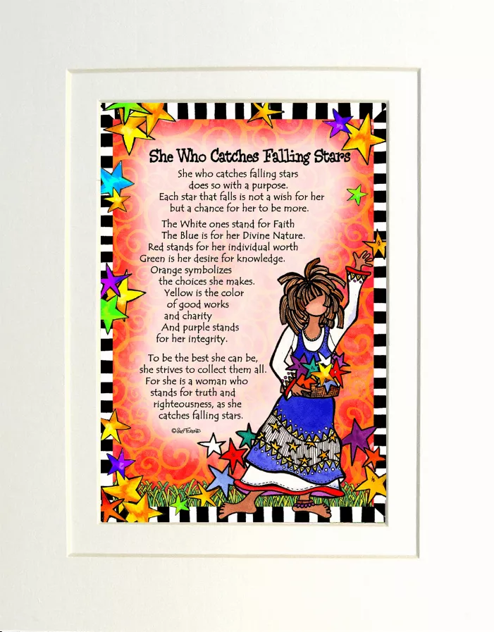 Framed folk art print with illustrated girl in blue dress, surrounded by colorful stars.