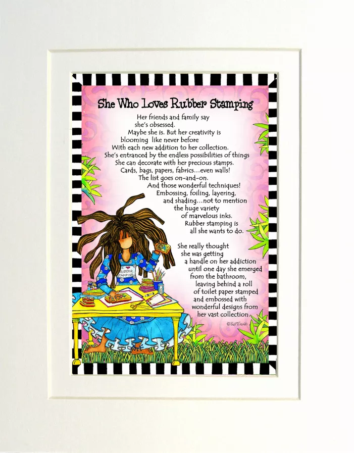 Framed colorful illustration print with cartoon woman, pink banner, and poem text
