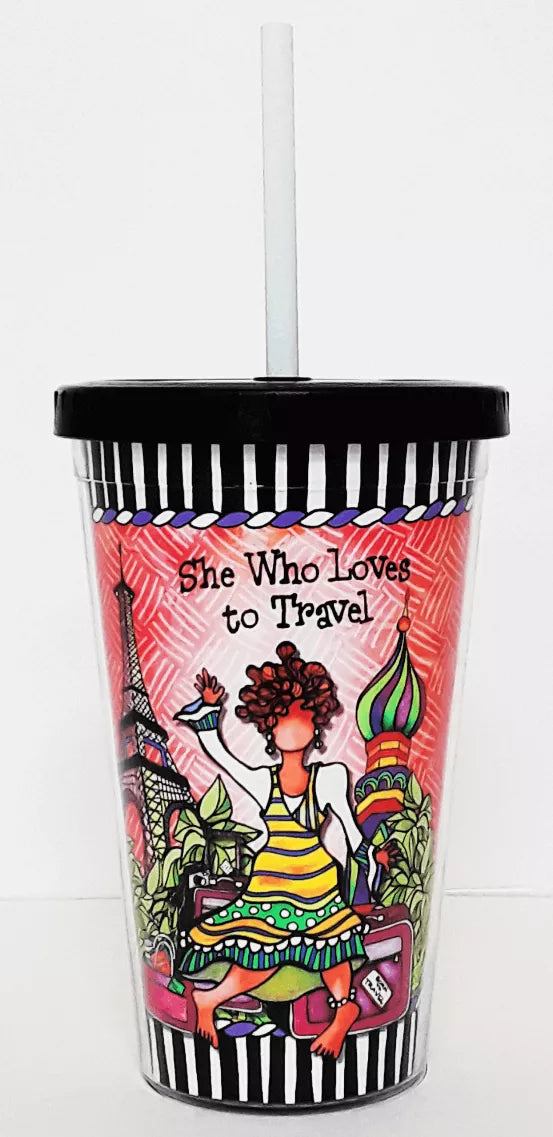 Printed travel cup with white straw; “She Who Loves to Travel” centered on pink scene
