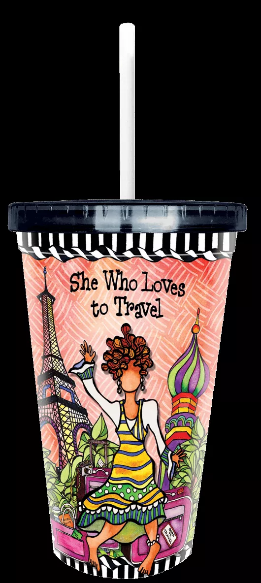 Printed travel cup with white straw; girl in colorful outfit and striped lid