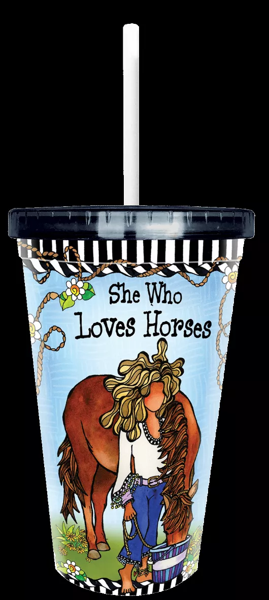Printed drinking cup with lid, white straw, horse illustration and caption
