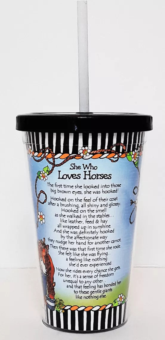 Horse-themed printed cup with black striped lid and white straw