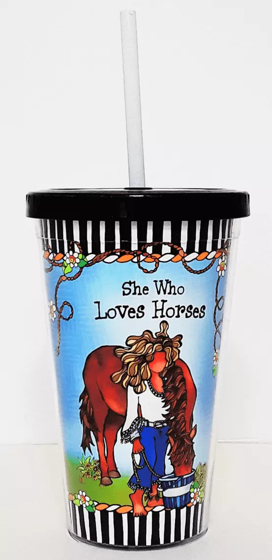 Printed horse-themed tumbler with black striped lid and white straw