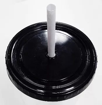 Black plastic cup lid with central straw hole, glossy finish