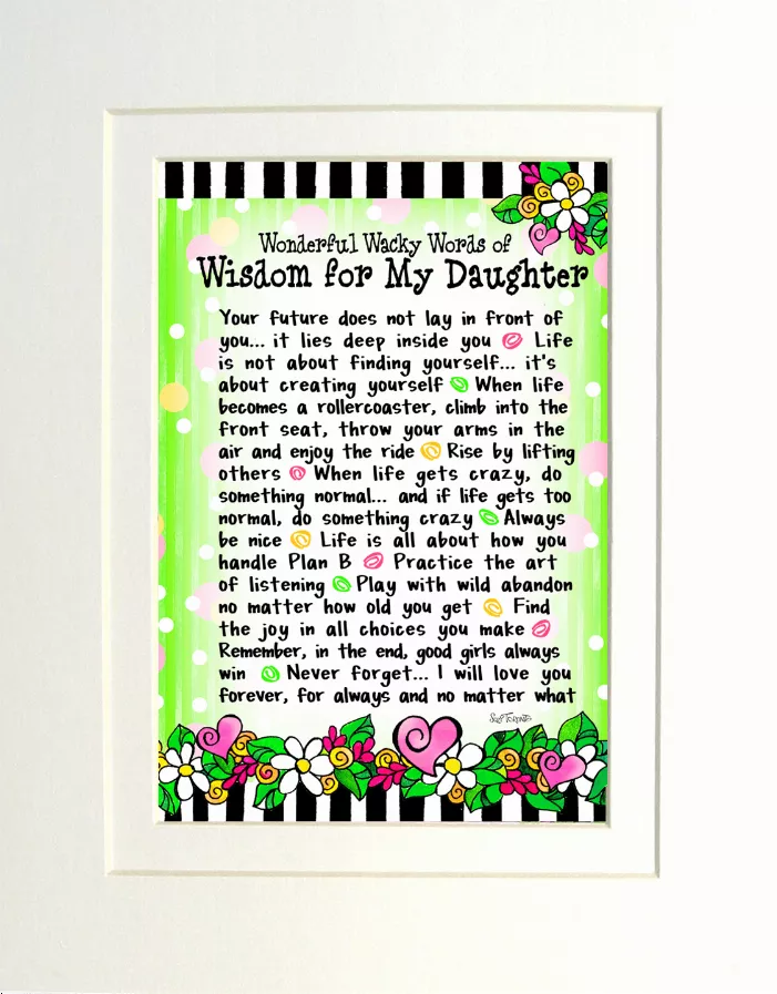 Framed wisdom quote art print with green stripes and floral border, black-and-white text.