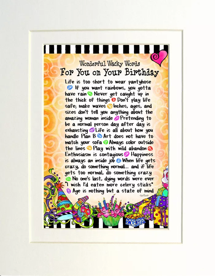 Framed birthday quote wall art with multicolor whimsical animals and handwritten-style text