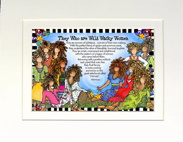 Framed cartoon illustration of women in bold patterned dresses