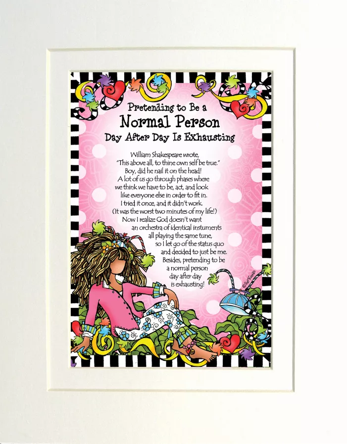Framed colorful illustrated print with cartoon characters, pink text, and striped border