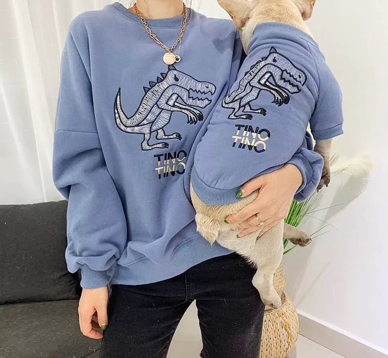 Light blue dinosaur graphic sweatshirt with long sleeves, worn over black pants