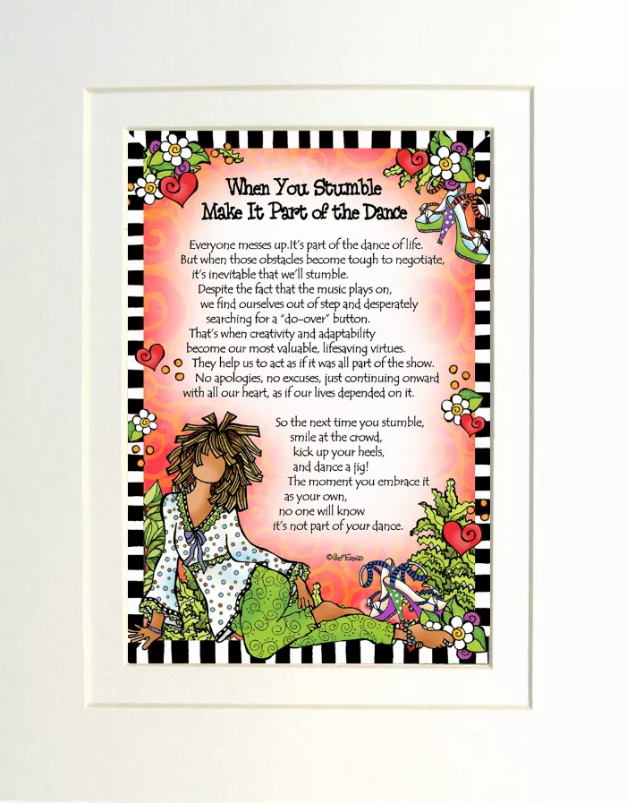 Framed colorful illustrated quote print with dancer figure and floral accents