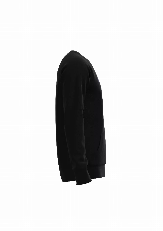 Men's black raglan sweatshirt, side view showing long raglan sleeves