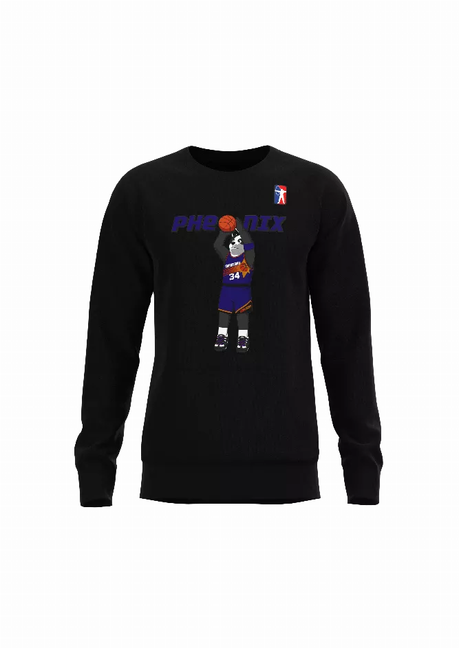 Men's black raglan sweatshirt with crew neck and character logo graphic on chest