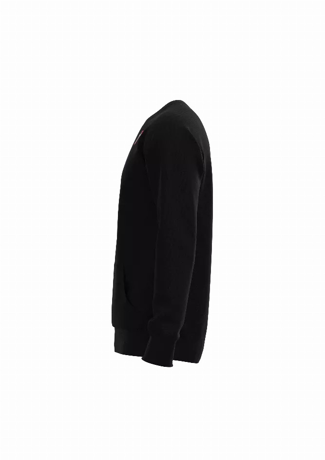 Men's black raglan sweatshirt angled side view with long sleeves and crew neck