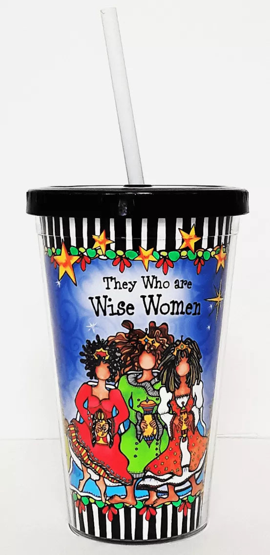 Wacky COOL Cup blue printed cup with Wise Women graphic and white straw
