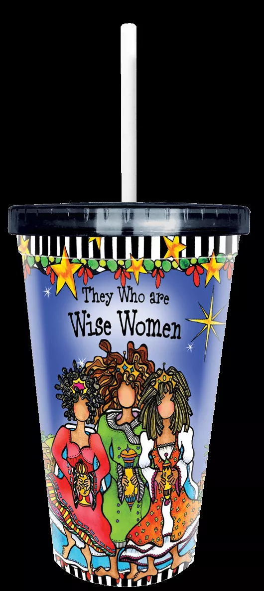 Wacky COOL Cup blue printed cup with Wise Women title and white straw