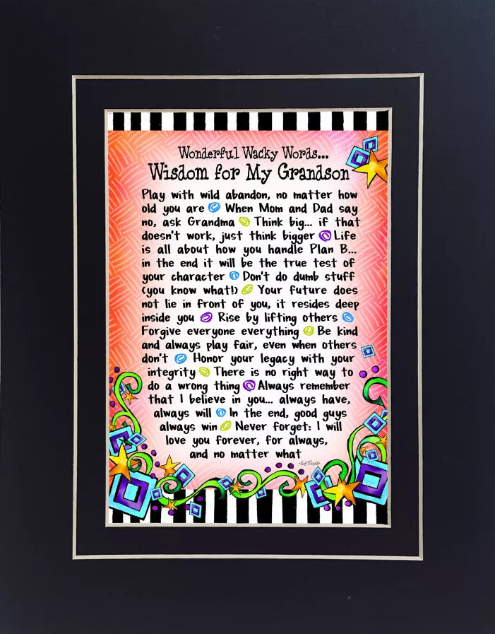 Framed wisdom quote wall art with colorful border, striped mat, and star accents