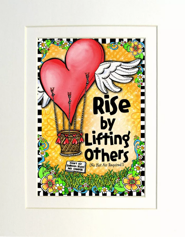 Framed art print: red heart balloon with “Rise by Lifting Others” text