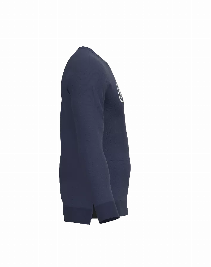 Navy long sleeve sweatshirt side view with straight hem and relaxed fit.