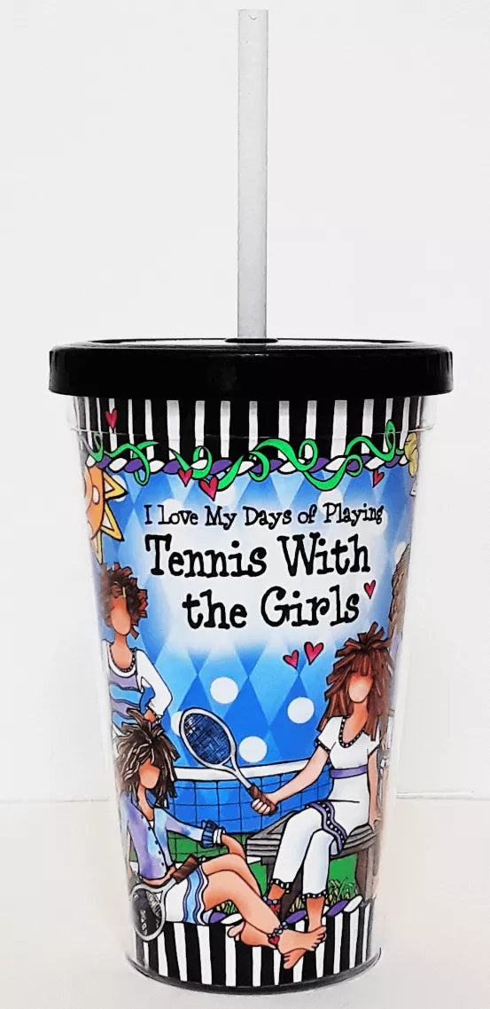 Tennis-themed plastic tumbler with lid and white straw, black top and colorful girls artwork