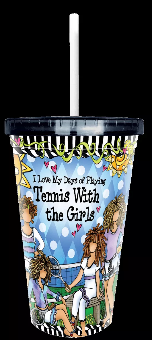 Tennis-themed plastic tumbler with lid and white straw, illustrated tennis players on front