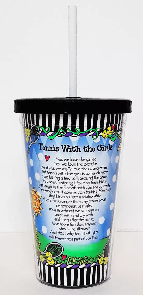 Tennis-themed plastic tumbler with lid and white straw, blue back panel with poem text