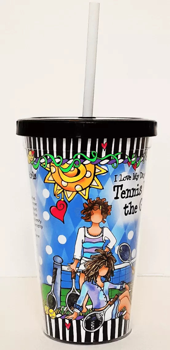 Tennis-themed plastic tumbler with lid and white straw, orange smiley with tennis players
