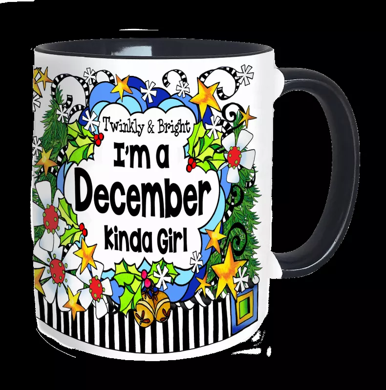 Ceramic mug with festive wreath, 'I'm a December Kinda Girl' text