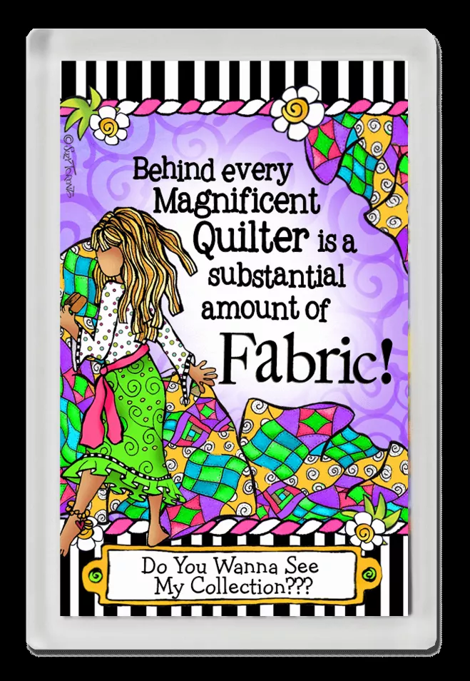 Quilt-themed magnet featuring a long-haired girl and colorful fabric patchwork