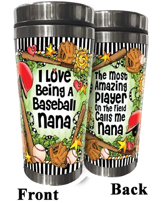Stainless steel double tumbler set with baseball-themed graphics and matching lids