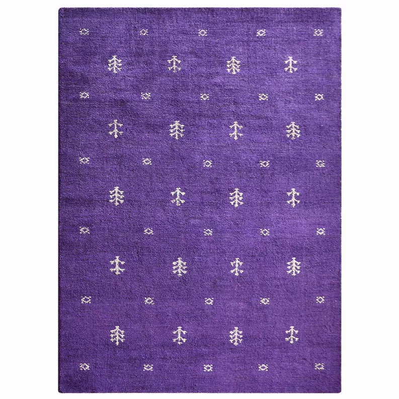 Purple area rug with scattered white geometric motifs, woven flat surface
