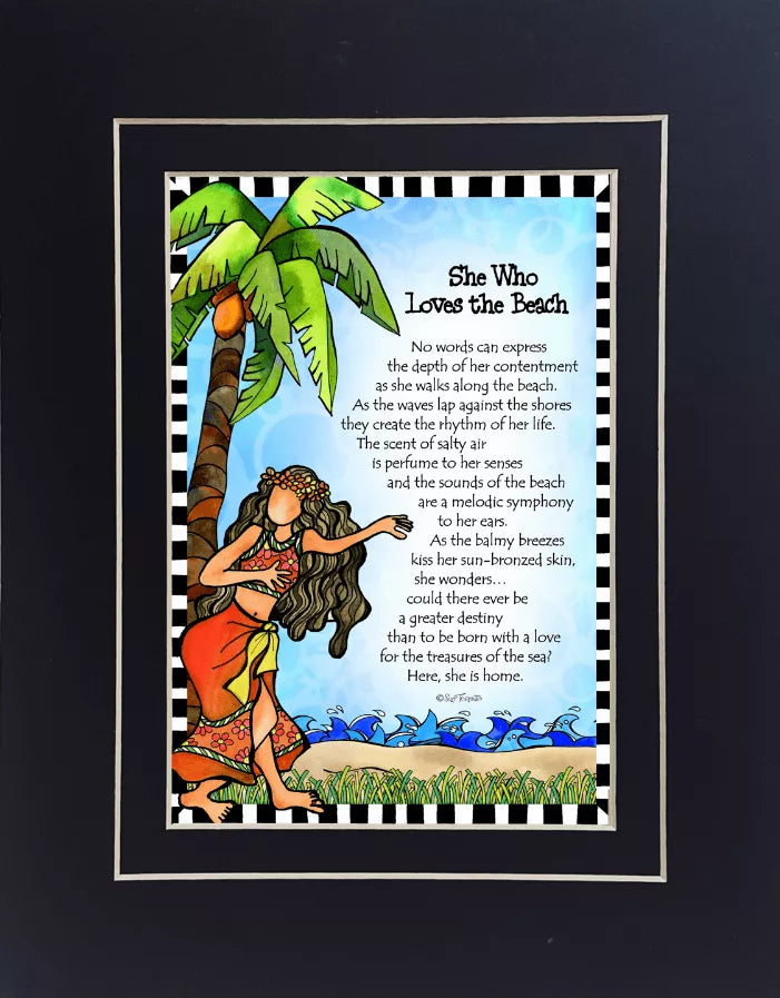 Beach-themed framed wall art with illustrated woman, palm tree, and ocean waves