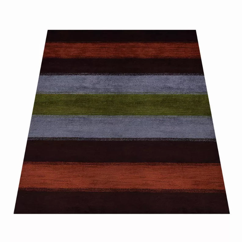 Contemporary striped area rug with dark brown base, rust, olive green and gray bands