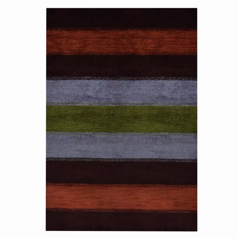 Striped area rug with dark brown bands plus rust, olive green and heather gray stripes