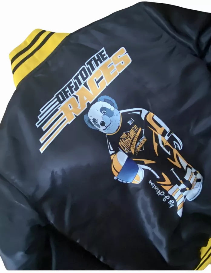 Dark navy silk satin bomber jacket with yellow striped collar and large back graphic