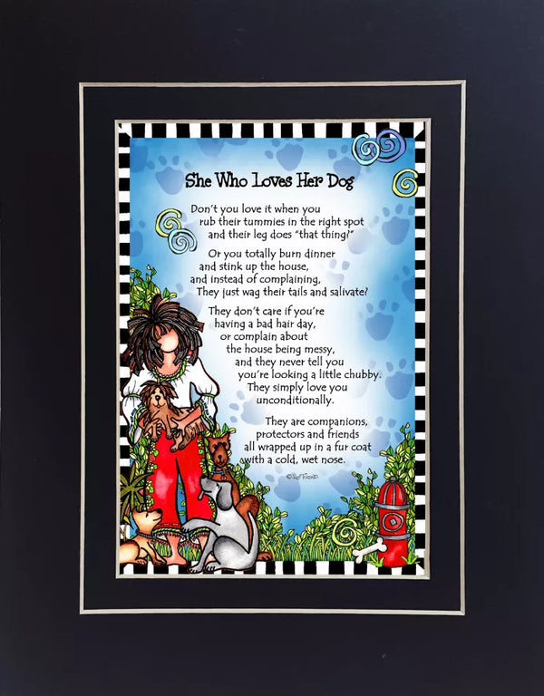 Framed dog-lovers quote wall art with girl and white dog, blue background, flowers