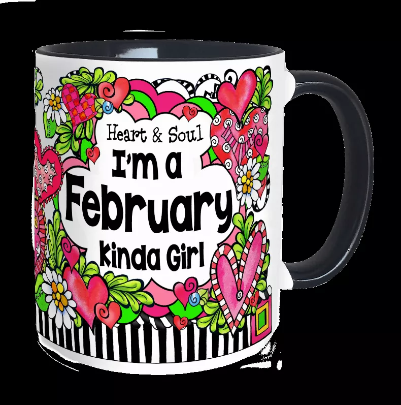 Ceramic mug with colorful floral "Heart & Soul" "February" text and dark handle