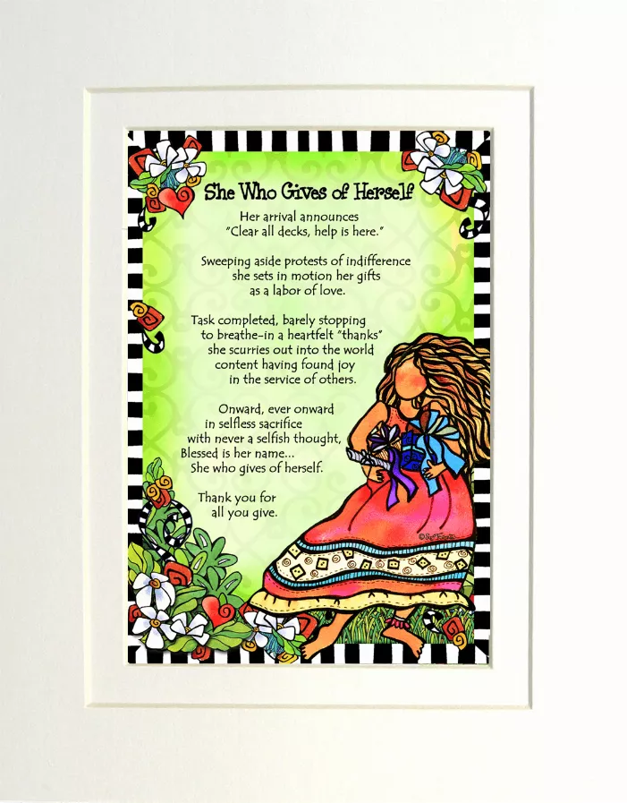Framed illustrated quote print with green background and woman in pink dress