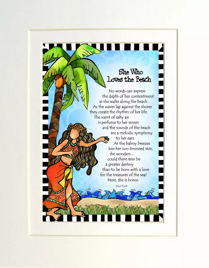 Framed beach-themed art print with green palm tree, ocean waves, and woman in red dress.