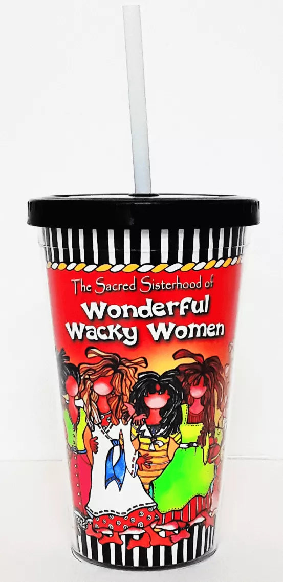 Red novelty cup with black lid and white straw, colorful cartoon women illustration