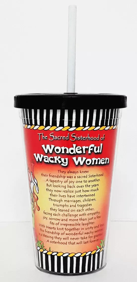 Red cup with black striped rim and white straw, 'Wonderful Wacky Women' verse text