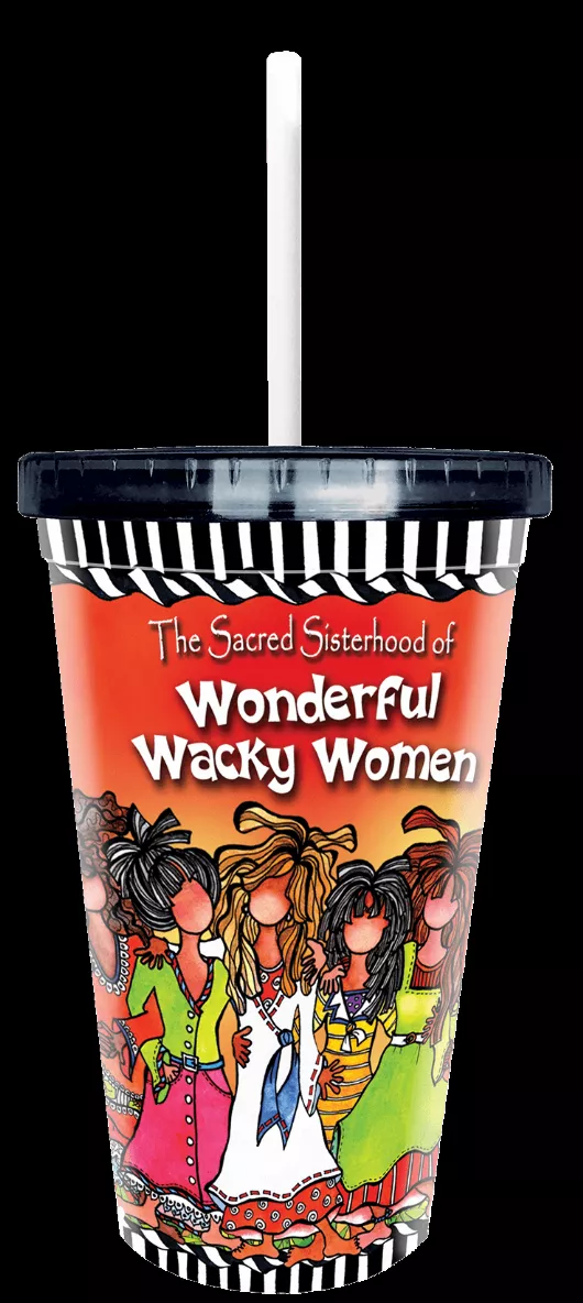 Red novelty cup with black lid and white straw, colorful cartoon women graphic