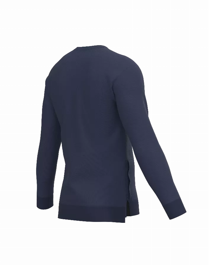 Navy long-sleeve sweatshirt back view, ribbed cuffs and straight hem
