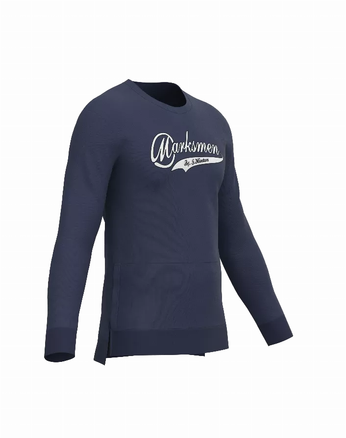 Navy long-sleeve sweatshirt with front Marksmen script logo and kangaroo pocket