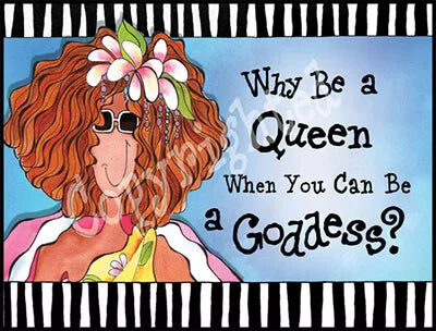 Queen-themed note card set with cartoon woman, orange curly hair, quote text, striped border